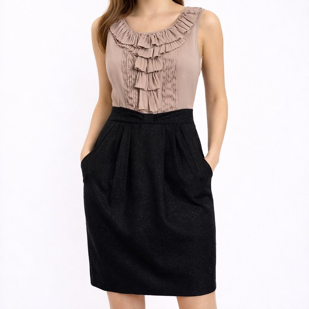 BCBG Paris Ruffle Neck Sleeveless Colorblock Dress Taupe Black Size 6 Medium